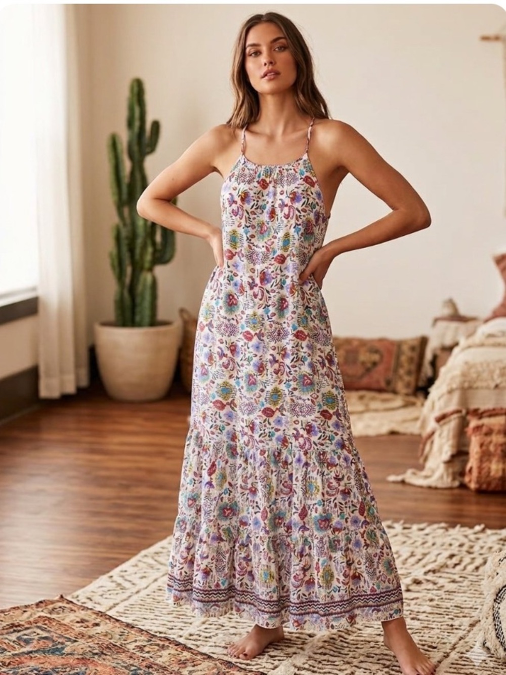 White + Warren Multicolor Floral Spaghetti-Strap Maxi Dress